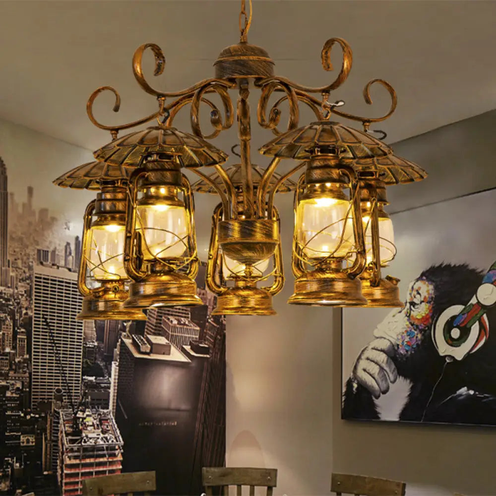 Village Style 5-Light Aged Brass Lantern Chandelier For Dining Room