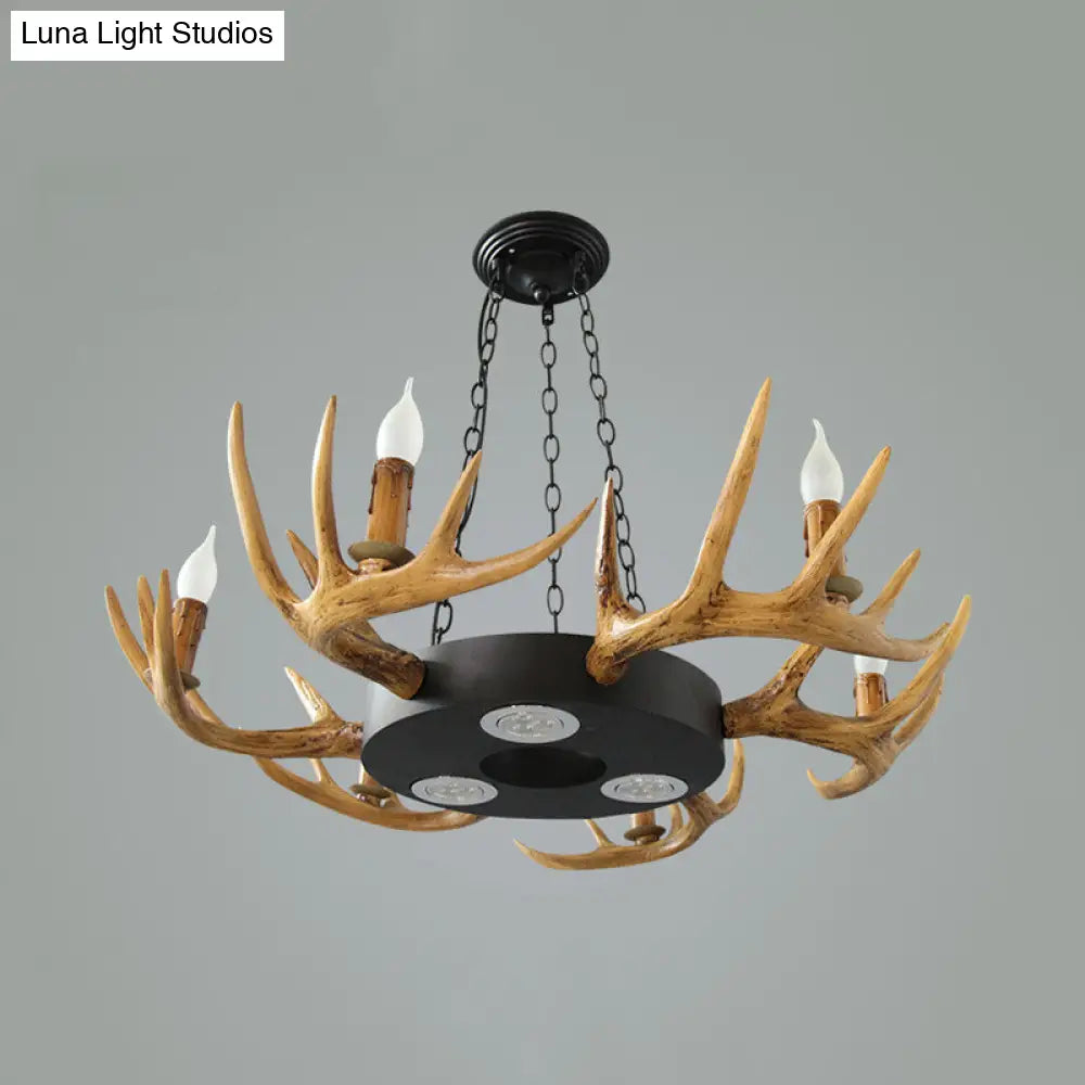 Village Wood Candelabra Chandelier - 6-Light Resin Lamp For Living Room Pendant Lighting