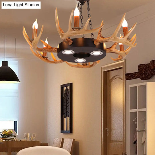 Village Wood Candelabra Chandelier - 6-Light Resin Lamp For Living Room Pendant Lighting