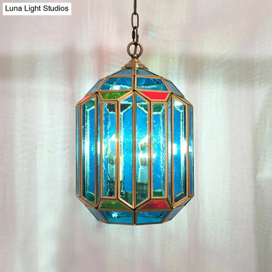 Vintage 1-Light Blue Glass Lantern Ceiling Lamp - Bedroom Pendant Light With Open Bottom