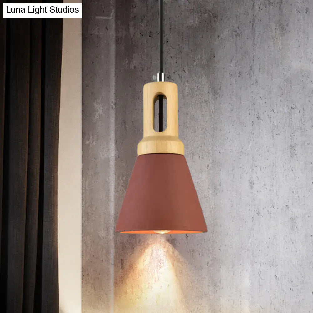 Vintage 1-Light Cement Hanging Pendant Lamp With Wood Bell Bar - Black/Grey/Red