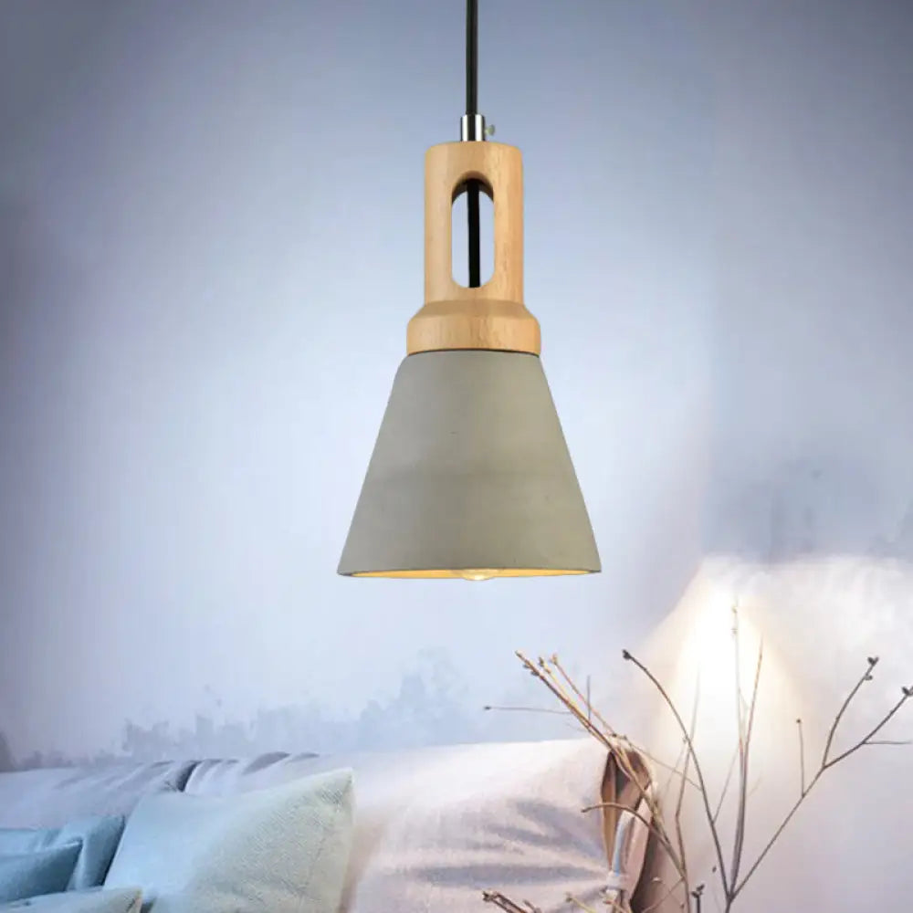 Vintage 1-Light Cement Hanging Pendant Lamp With Wood Bell Bar - Black/Grey/Red Grey