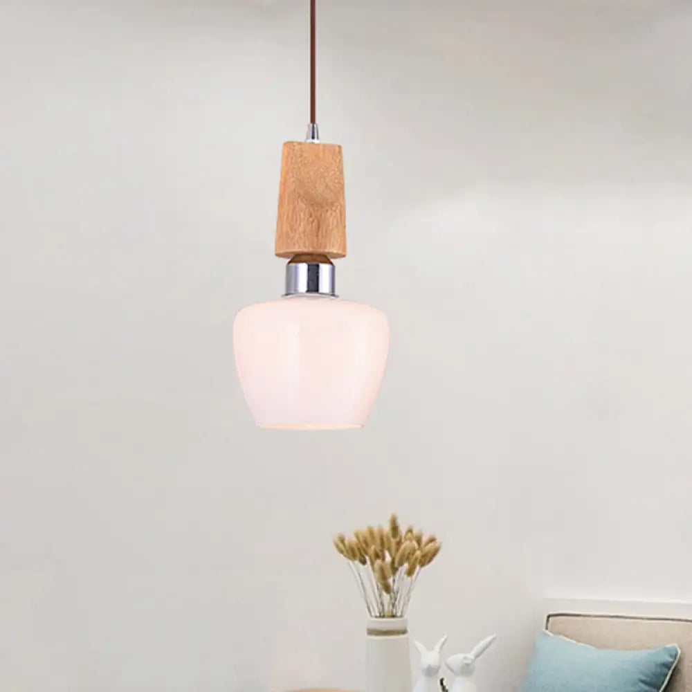 Vintage 1-Light Chrome Tulip Pendant With Frosted White Glass And Wood Top - Elegant Hanging