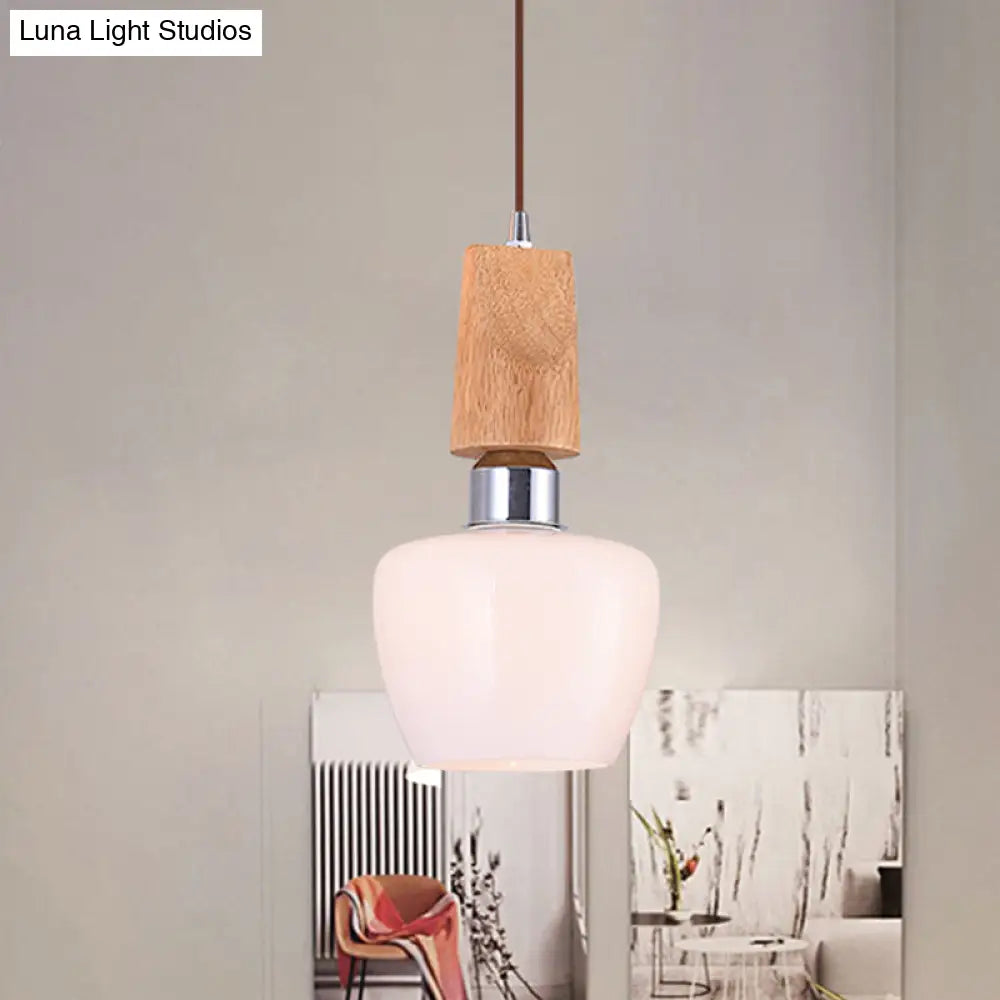 Vintage 1-Light Chrome Tulip Pendant With Frosted White Glass And Wood Top - Elegant Hanging