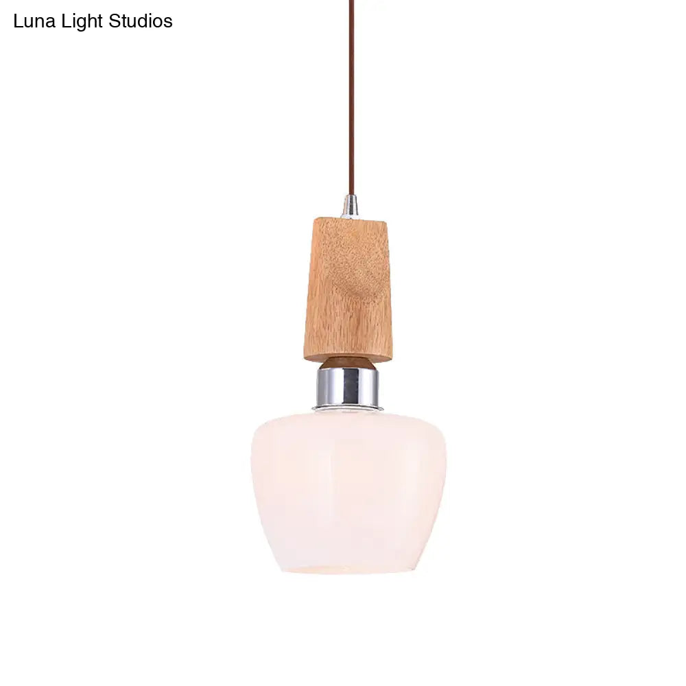 Vintage 1-Light Chrome Tulip Pendant With Frosted White Glass And Wood Top - Elegant Hanging