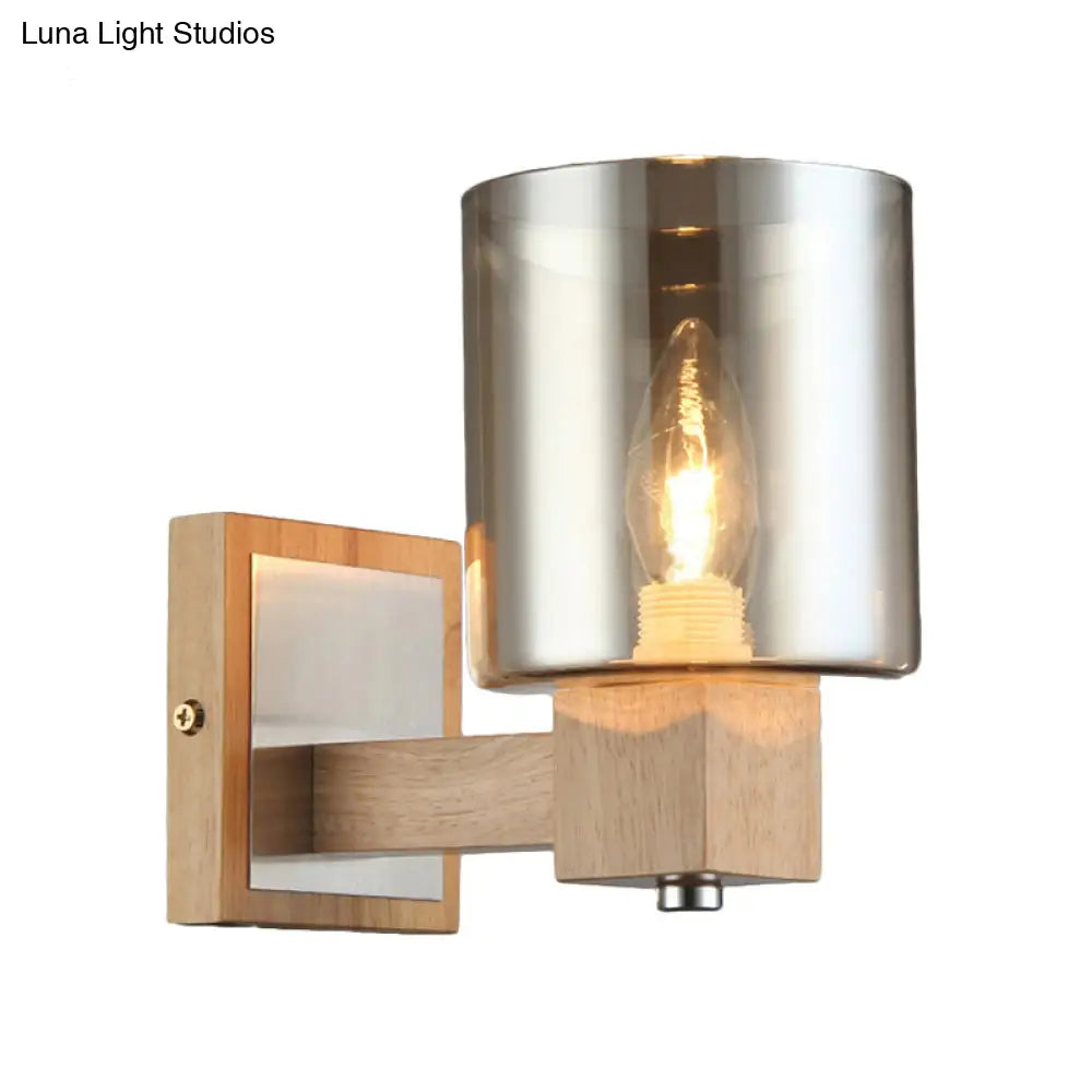 Vintage 1-Light Wall Mount Lamp With Smoke Glass Shade - Natural Wood Cylindrical Sconce Fixture