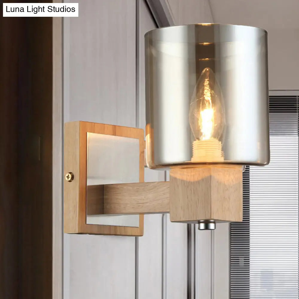 Vintage 1-Light Wall Mount Lamp With Smoke Glass Shade - Natural Wood Cylindrical Sconce Fixture