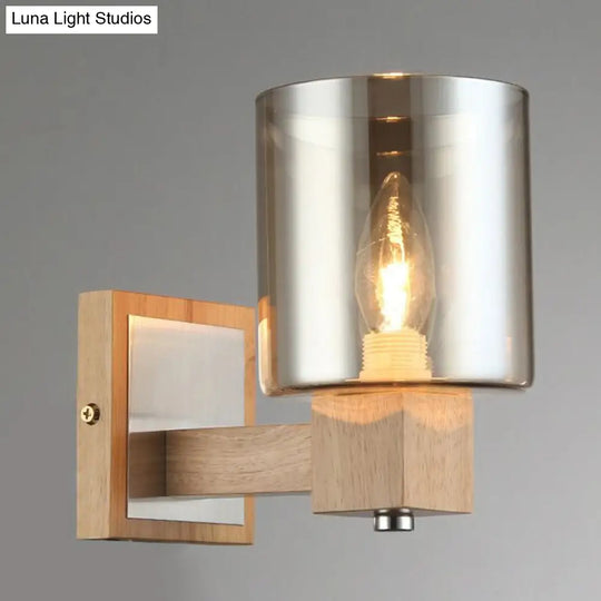 Vintage 1-Light Wall Mount Lamp With Smoke Glass Shade - Natural Wood Cylindrical Sconce Fixture