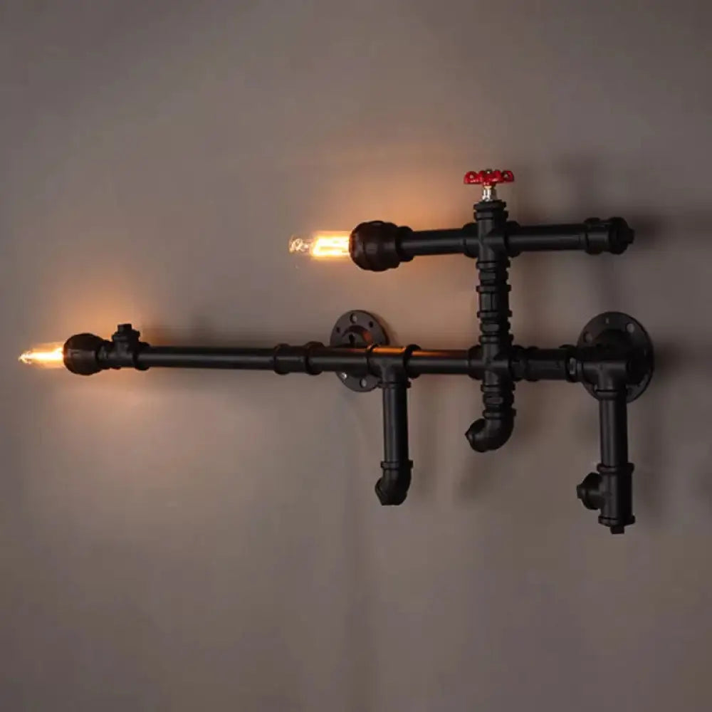 Vintage 2-Head Pipe Arm Iron Wall Light Fixture - Restaurant Mounted Lamp (Black) Black