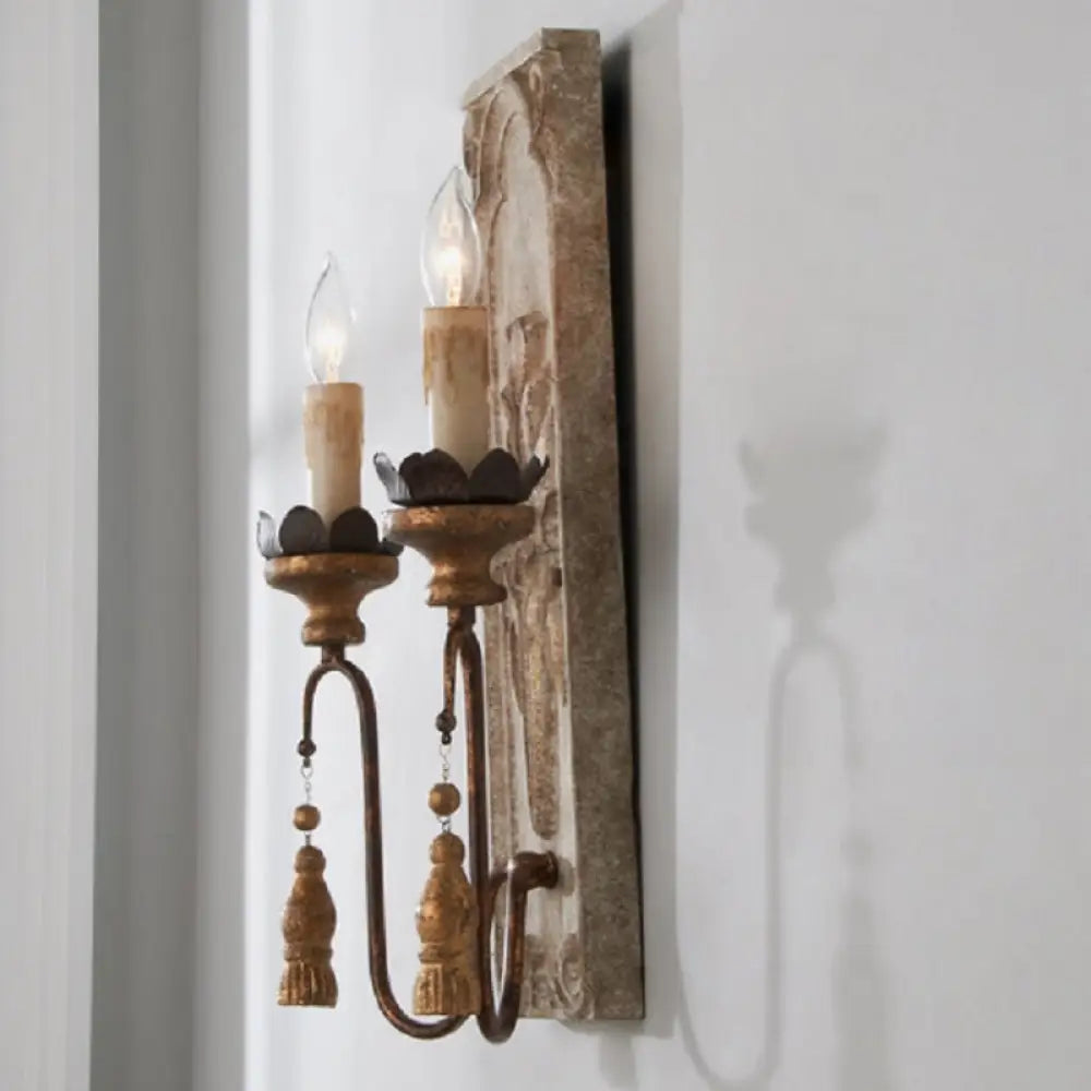 Vintage 2-Light Wall Mounted Dining Room Sconce: Rustic Wood Candelabrum Lamp Rust