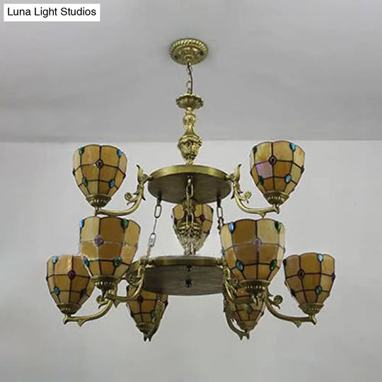 Vintage 2-Tier Beaded Chandelier Pendant With Clear/Yellow Glass Lighting