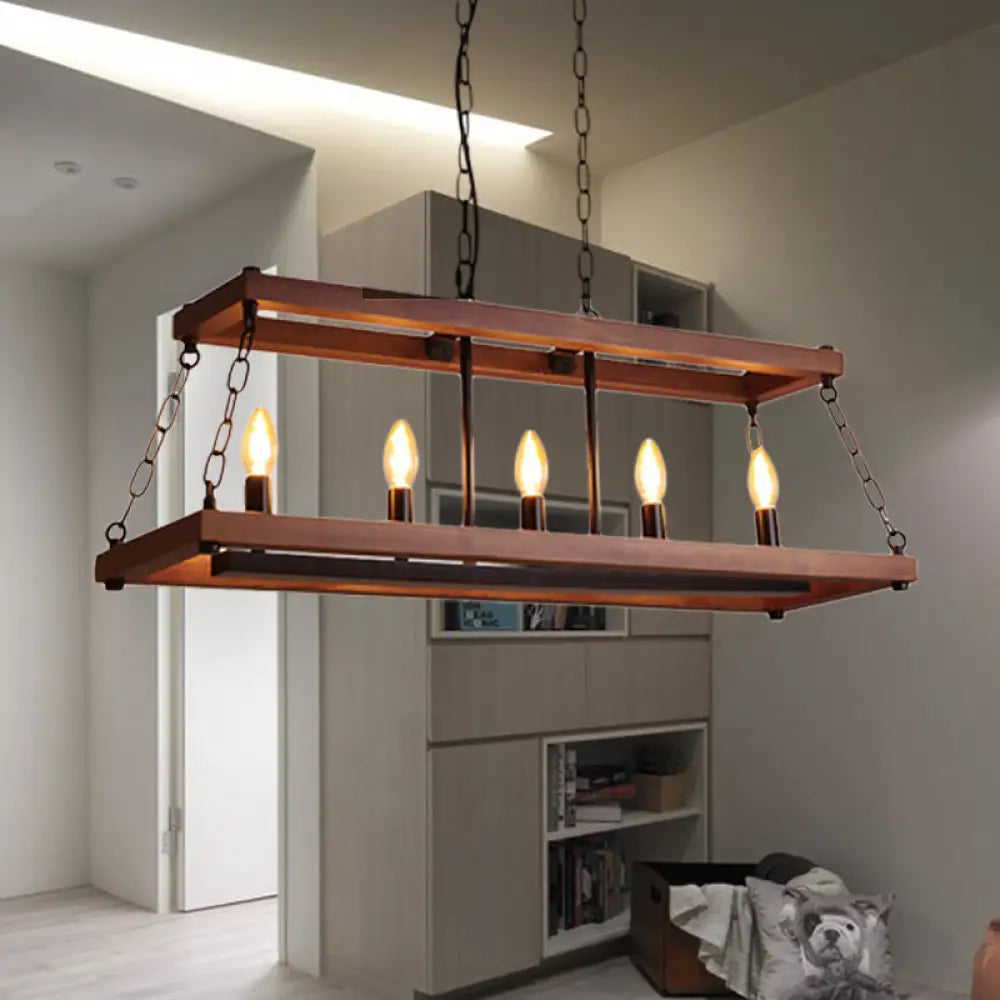 Vintage 3/5 Lights Dining Room Island Lighting Fixture In Brown 5 / Wood Pendant