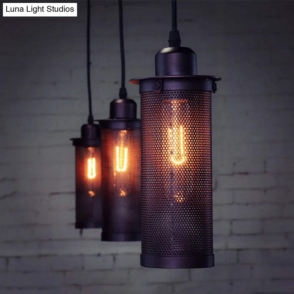 Vintage 3/8 Bulbs Pendant Light With Metal Mesh Shade - Stylish Kitchen Ceiling Fixture In Black