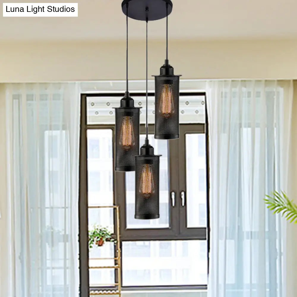Vintage 3/8 Bulbs Pendant Light With Metal Mesh Shade - Stylish Kitchen Ceiling Fixture In Black 3 /