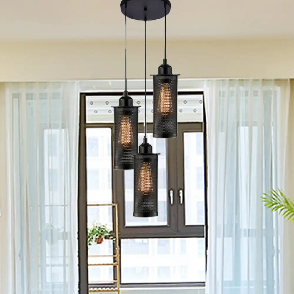 Vintage 3/8 Bulbs Pendant Light With Mesh Shade - Stylish Kitchen Ceiling Fixture In Black 3 /