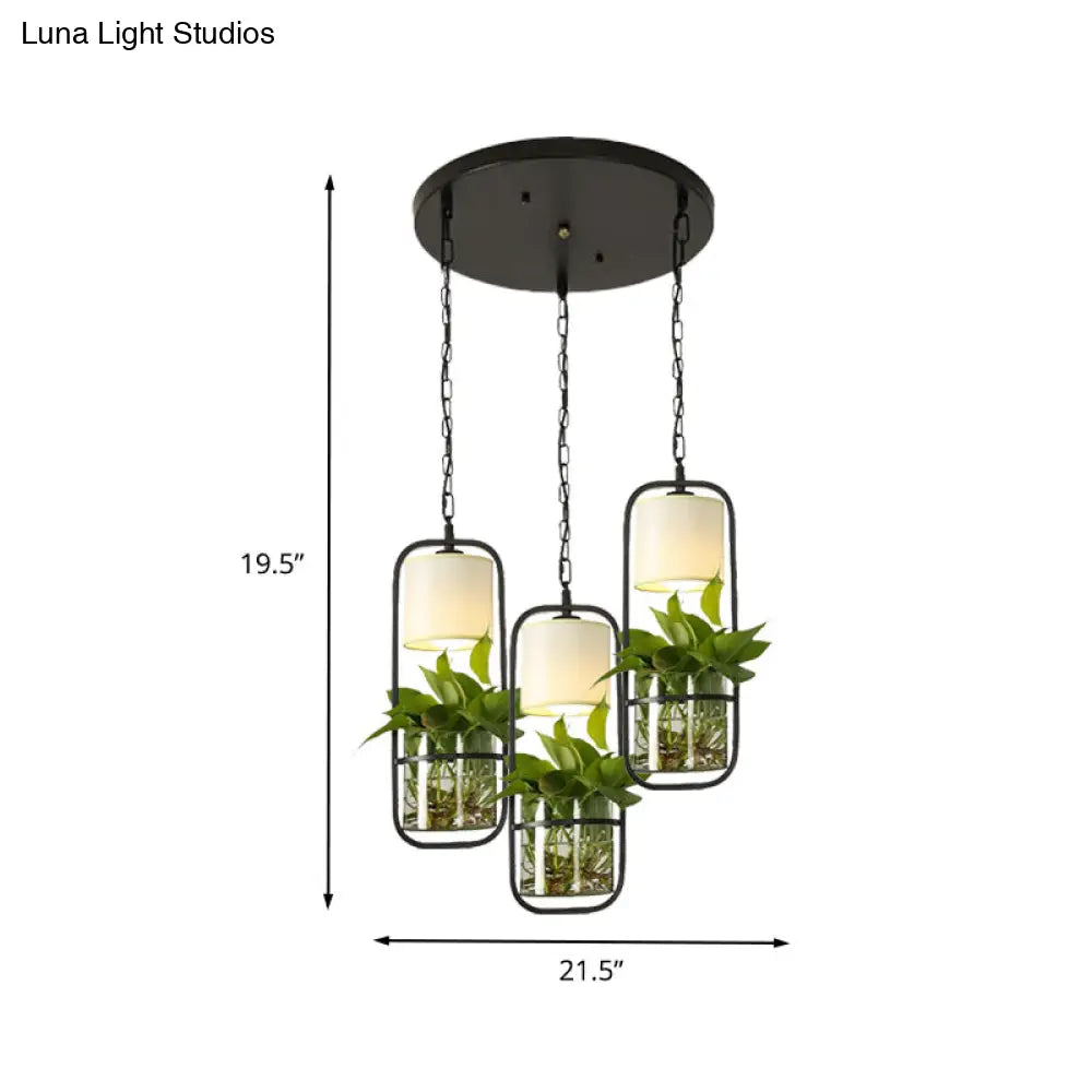 Cylinder Vintage Pendant Light Fixture - Black Suspension Lighting With 3 Heads And Round/Linear