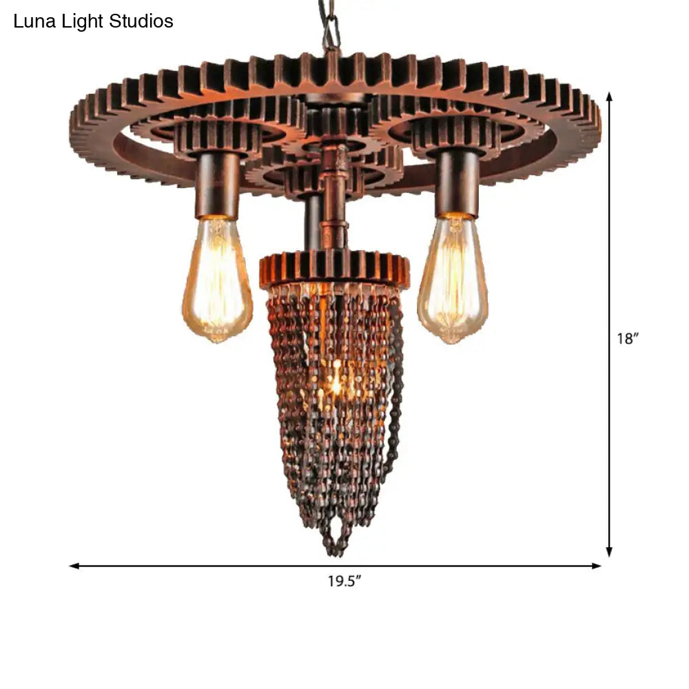 Vintage 3-Headed Metallic Gear Chandelier For Restaurant Ceiling Pendant In Rust