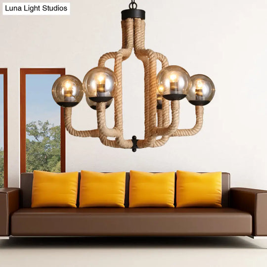 Caged Vintage Pendant Light With Glass Ball Shade - 6-Light Brown Rope Restaurant Chandelier