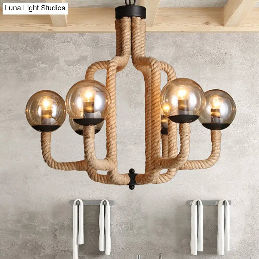 Caged Vintage Pendant Light With Glass Ball Shade - 6-Light Brown Rope Restaurant Chandelier