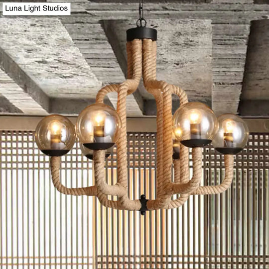 Caged Vintage Pendant Light With Glass Ball Shade - 6-Light Brown Rope Restaurant Chandelier