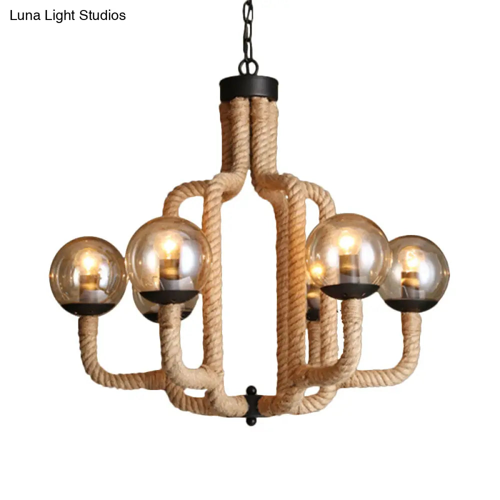 Caged Vintage Pendant Light With Glass Ball Shade - 6-Light Brown Rope Restaurant Chandelier