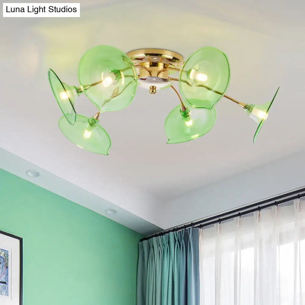 Vintage 6-Light Ceiling Lamp With Metal Brass Branchlet Design And Flare Green/Cognac Glass Shade -