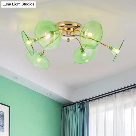 Vintage 6 - Light Ceiling Lamp With Metal Brass Branchlet Design And Flare Green/Cognac Glass Shade