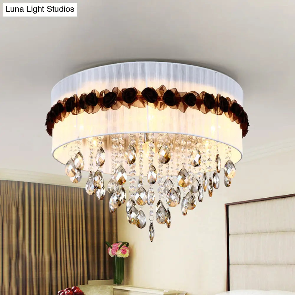 Vintage 6 - Light Circle Flushmount With Crystal Bead Decoration - White Fabric Bedroom Ceiling