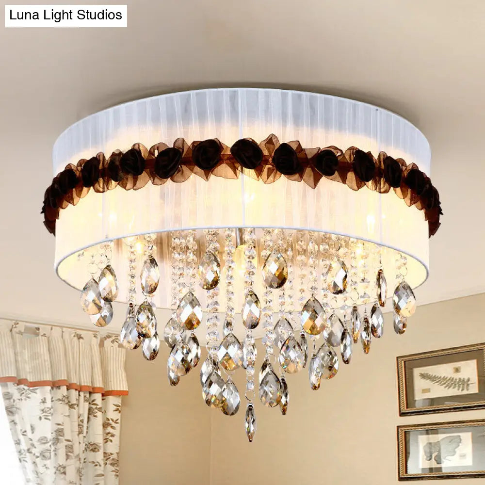Vintage 6-Light Circle Flushmount With Crystal Bead Decoration - White Fabric Bedroom Ceiling Light