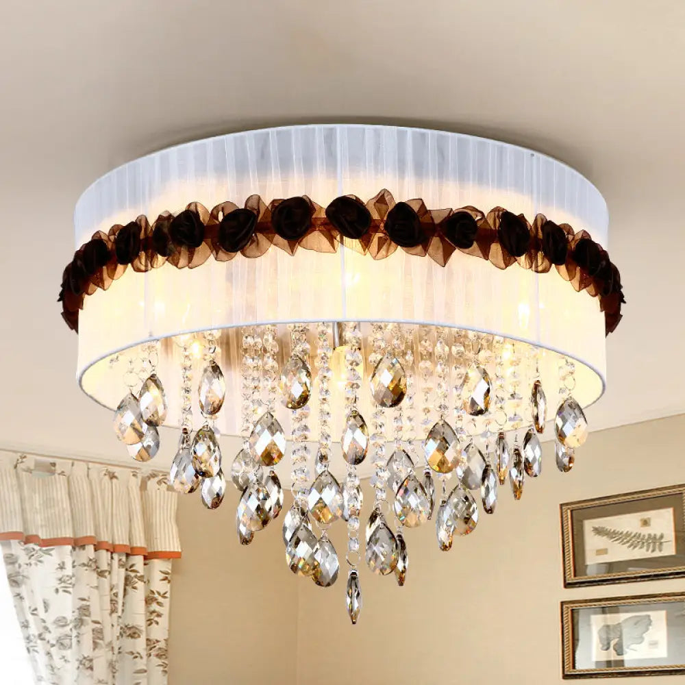 Vintage 6 - Light Circle Flushmount With Crystal Bead Decoration - White Fabric Bedroom Ceiling