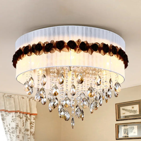 Vintage 6 - Light Circle Flushmount With Crystal Bead Decoration - White Fabric Bedroom Ceiling