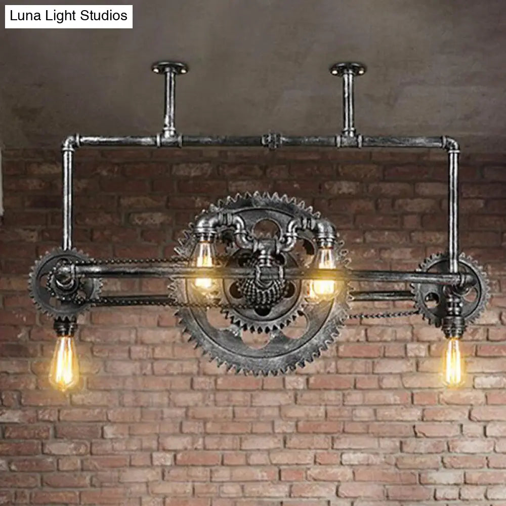 Vintage 6-Light Metallic Gear Hanging Lighting Fixture In Black Pendant