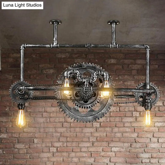 Vintage 6-Light Metallic Gear Hanging Lighting Fixture In Black Pendant