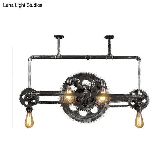 Vintage 6-Light Metallic Gear Hanging Lighting Fixture In Black Pendant