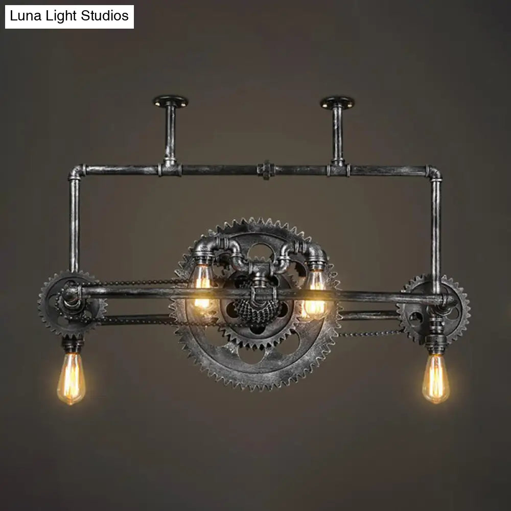 Vintage 6-Light Metallic Gear Hanging Lighting Fixture In Black Pendant