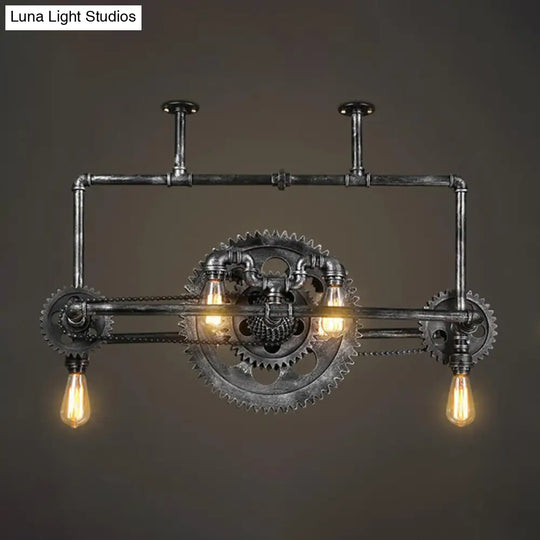 Vintage 6-Light Metallic Gear Hanging Lighting Fixture In Black Pendant