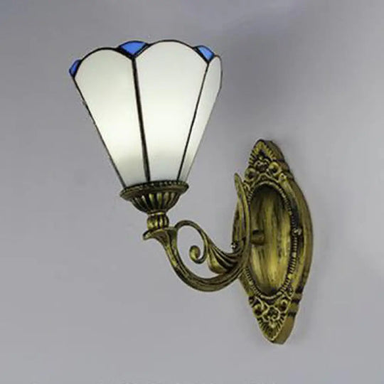 Vintage Aged Brass Curved Arm Wall Light With Stained Glass Cone Shade - White/Clear White