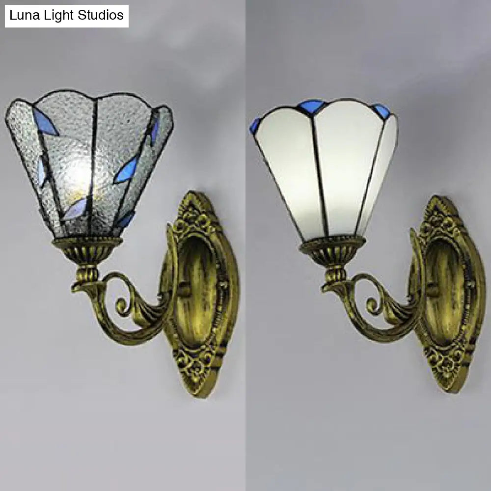 Vintage Aged Brass Curved Arm Wall Light With Stained Glass Cone Shade - White/Clear