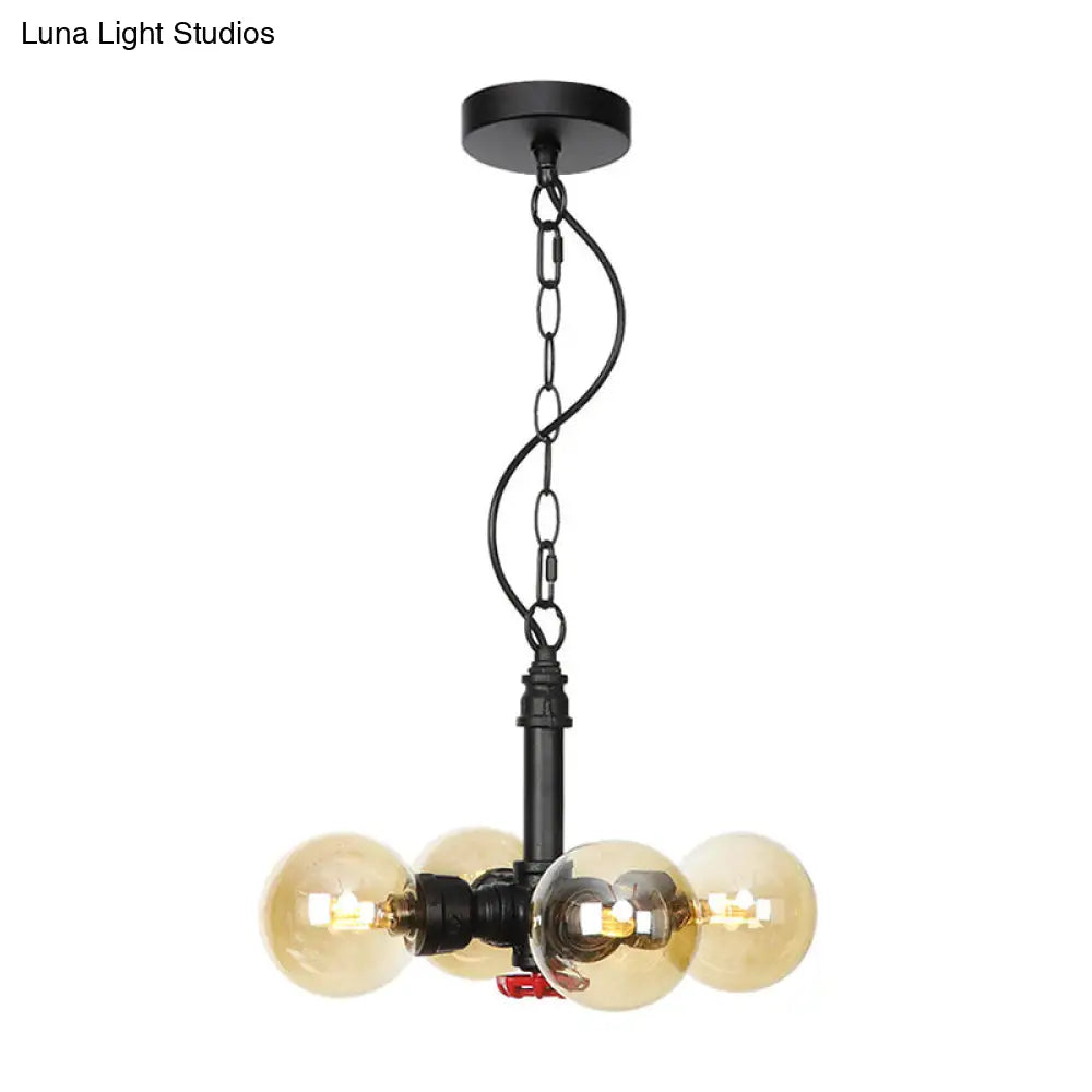 Vintage Amber/Clear Glass Black Hanging Pendant Lamp - 4 Lights Global Ceiling Chandelier