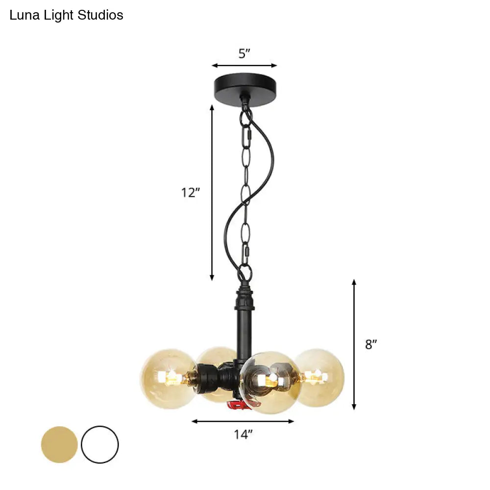 Vintage Amber/Clear Glass Black Hanging Pendant Lamp - 4 Lights Global Ceiling Chandelier