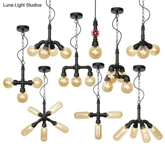 Vintage Amber/Clear Glass Black Hanging Pendant Lamp - 4 Lights Global Ceiling Chandelier Amber