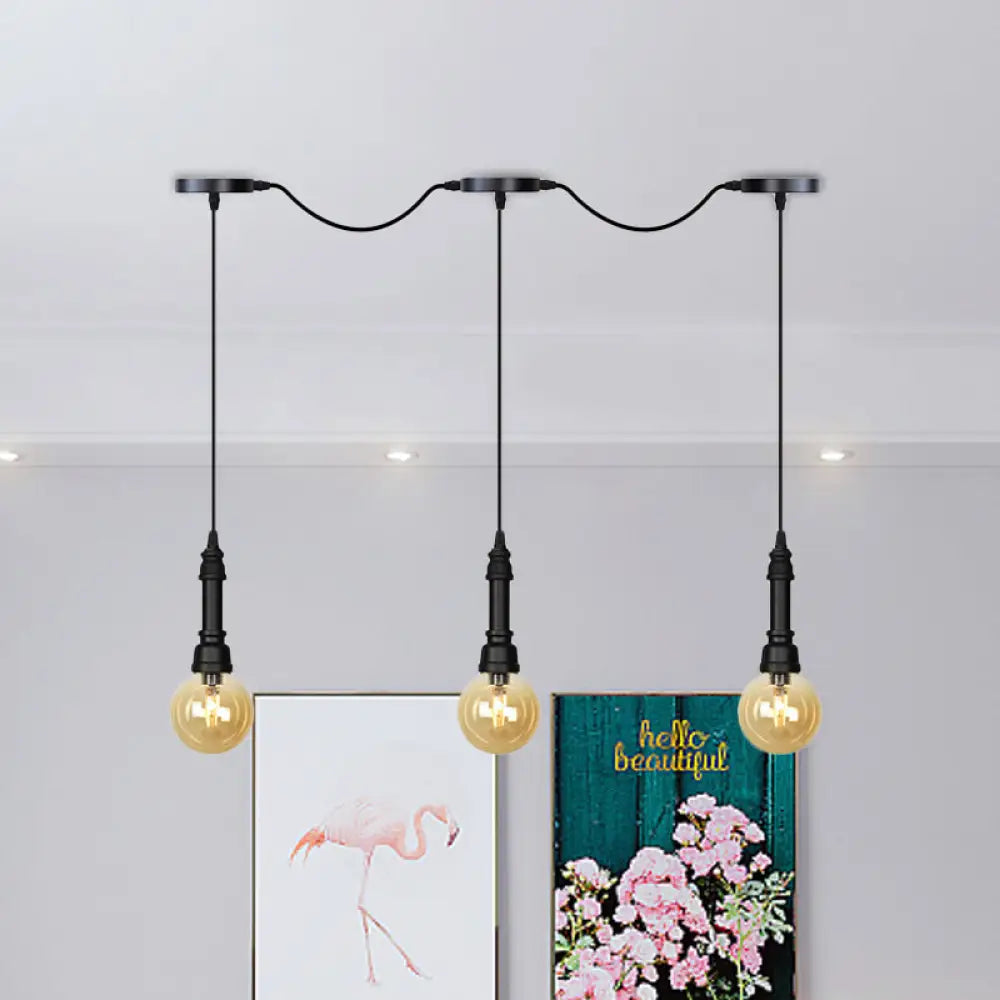 Vintage Amber Glass Ball Pendant Lamp In Black - Tandem Led Ceiling Light 3/5/7-Light Coffee House