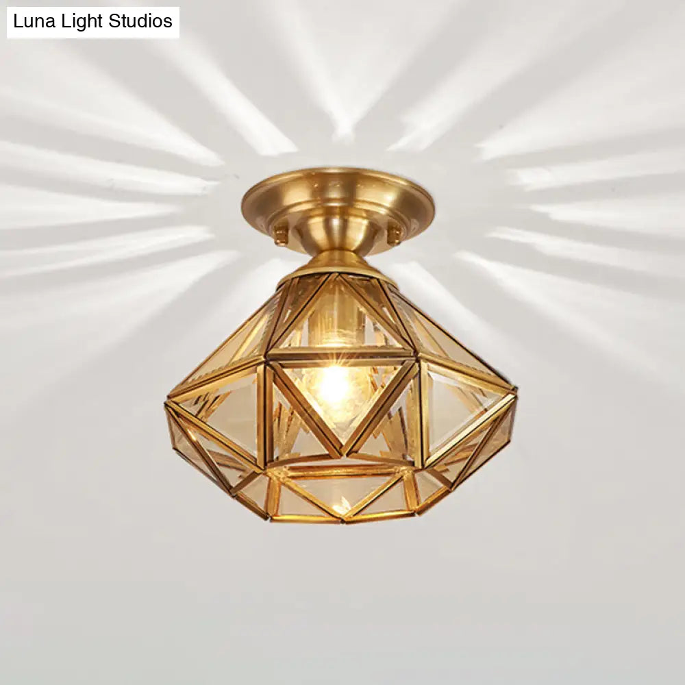 Vintage Amber Glass Diamond Flush Light With Brass Finish For Foyer Ceiling