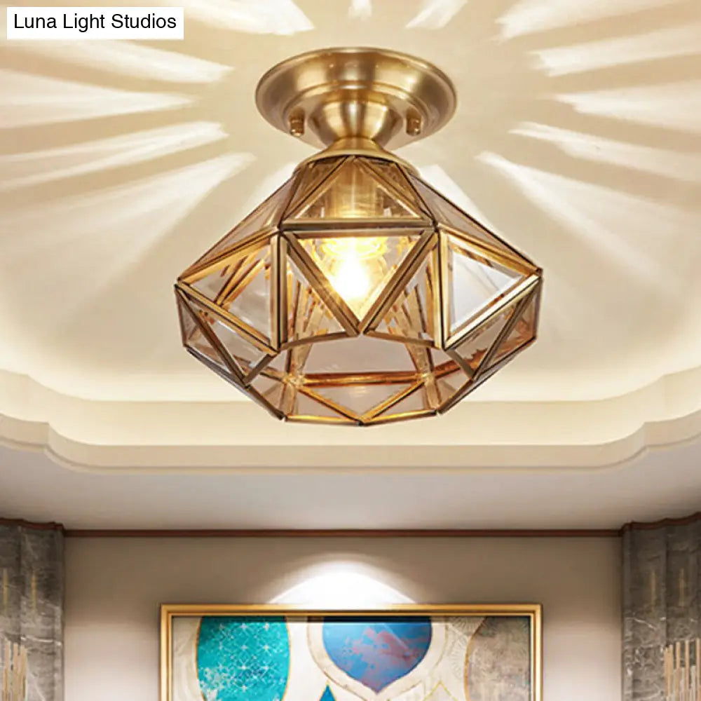 Vintage Amber Glass Diamond Flush Light With Brass Finish For Foyer Ceiling