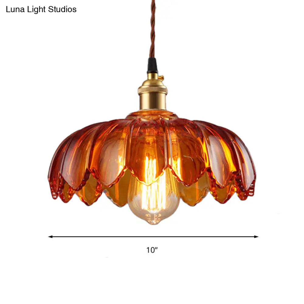 Vintage Amber Glass Scalloped Pendant Light For Corridors - Single Bulb Available In 3 Widths