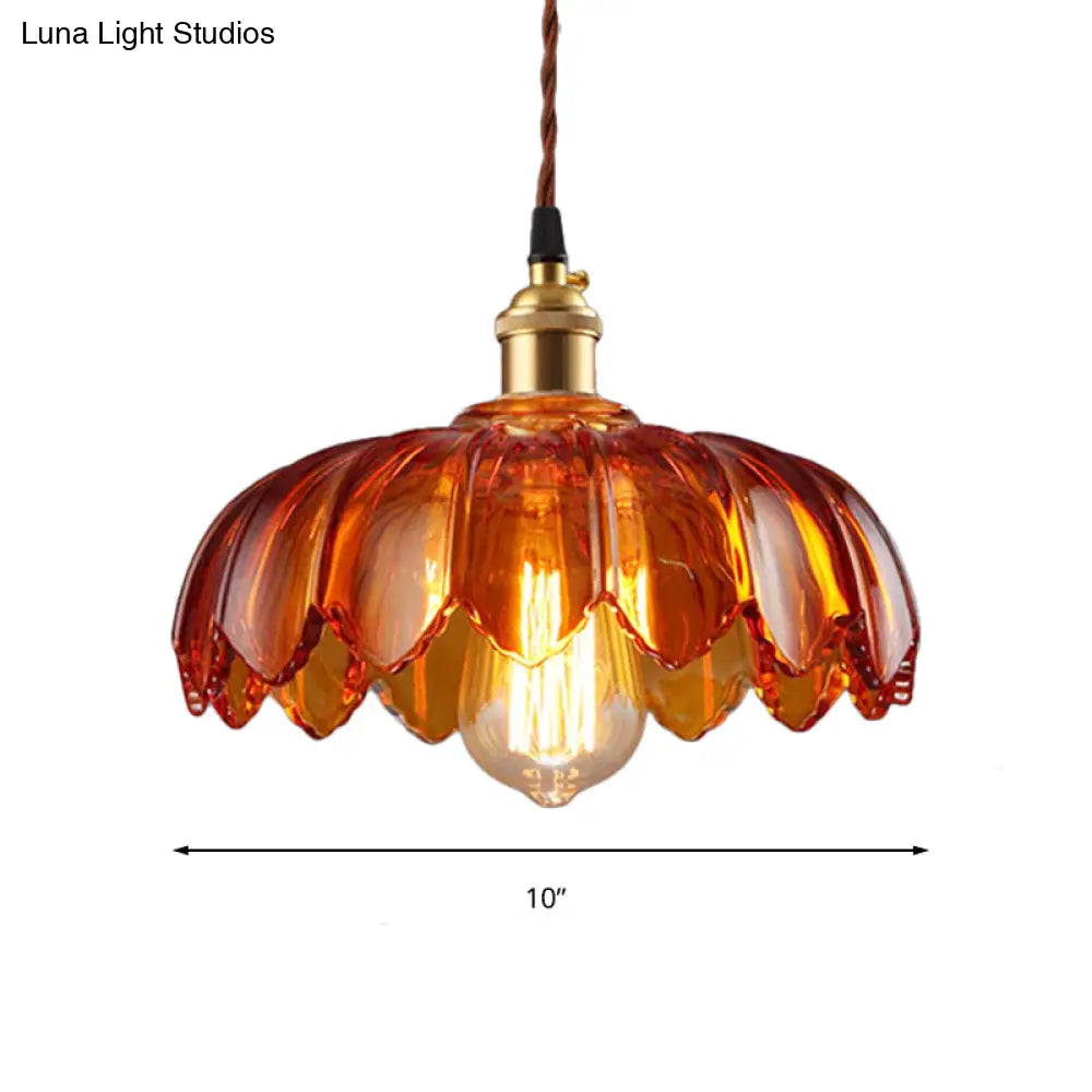 Vintage Scalloped Amber Glass Pendant Light For Corridors - Single Bulb Hanging Fixture 8/10/12 Wide