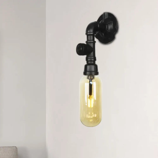 Vintage Amber Glass Sconce Wall Lamp With Industrial Pipe Design Black / D