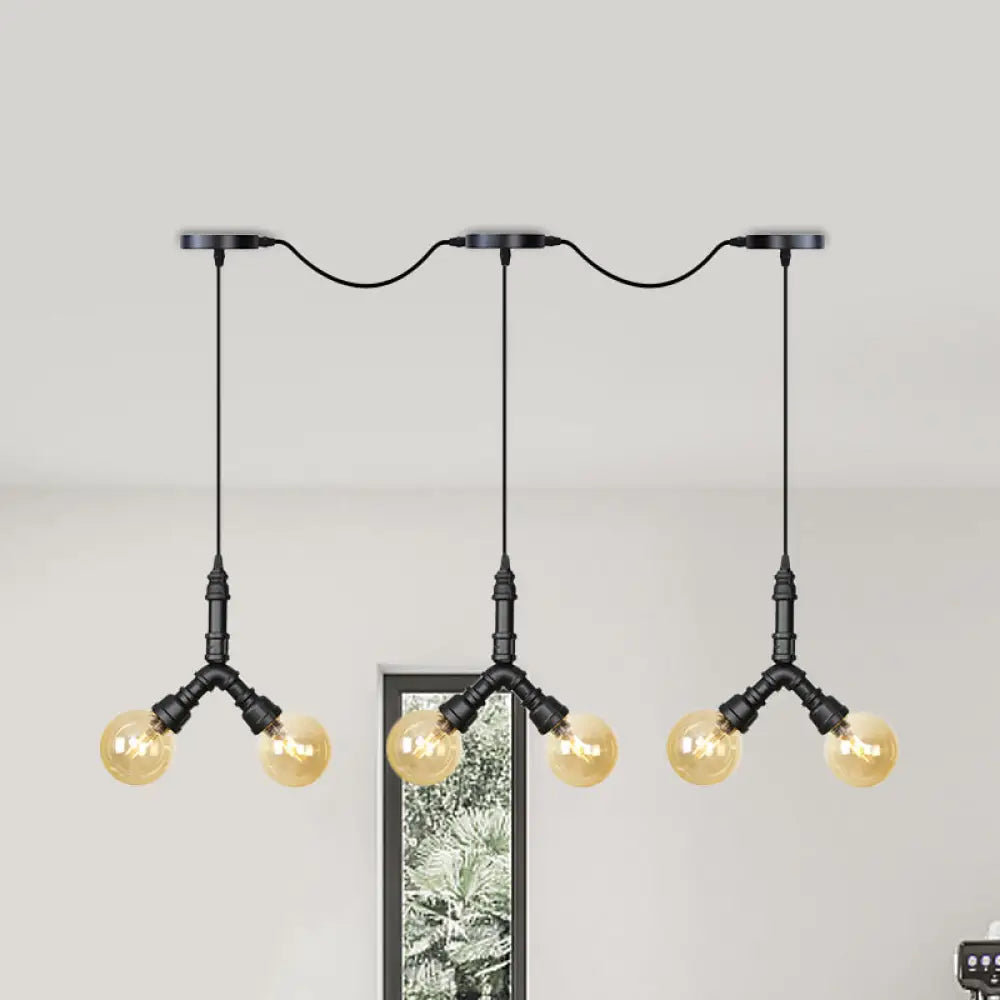 Vintage Amber Glass Swag Hanging Light Fixture - Led Multi Lamp Pendant With 6/10/14 Bulbs In Black