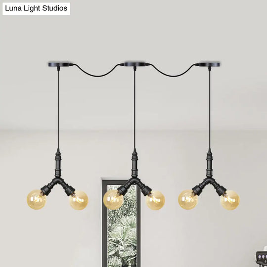 Vintage Sphere Led Pendant Light Fixture: 6/10/14-Bulb Amber Glass Swag Hanging In Black 6 /