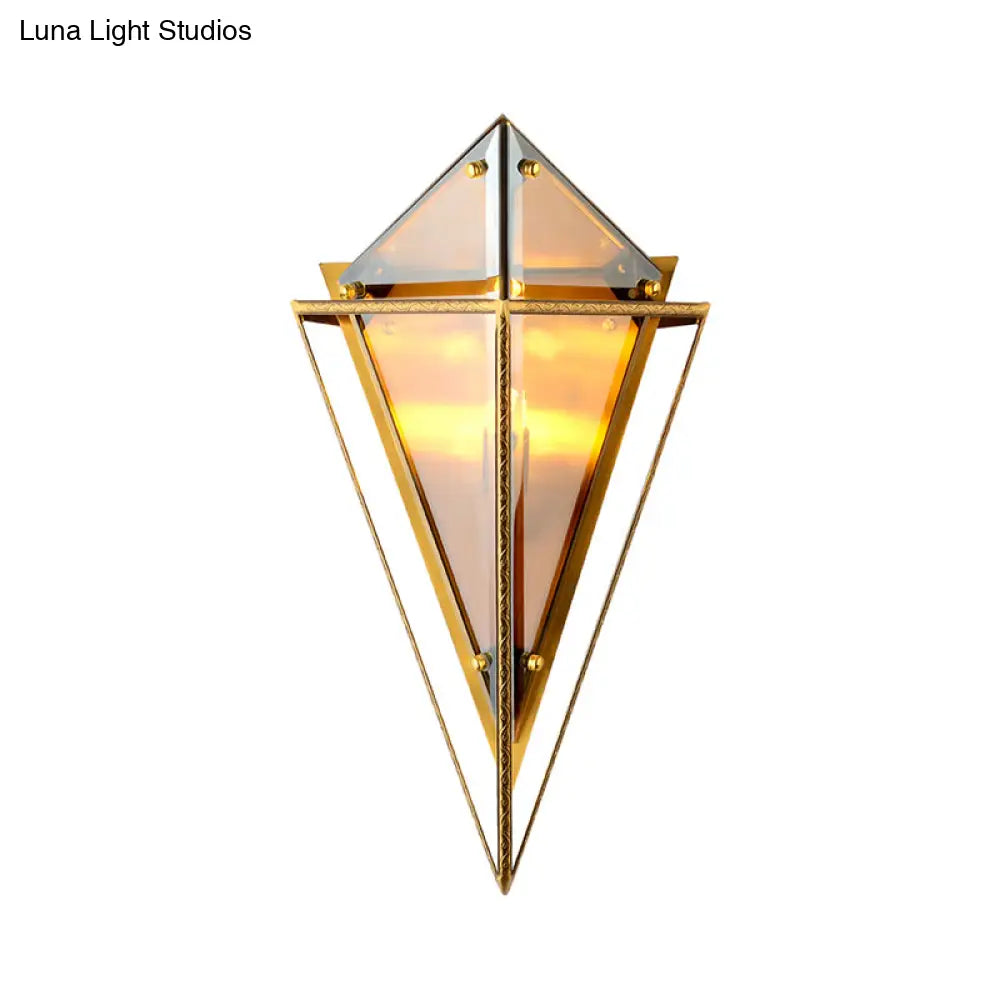 Vintage Amber/Smoke Gray Glass Triangle Wall Sconce Light - Led Lamp With Iron Frame